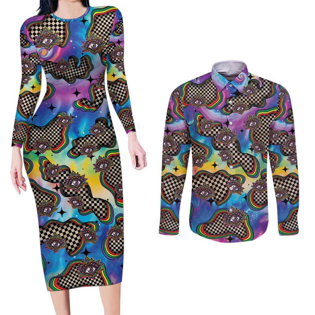 Hippie Couples Matching Long Sleeve Bodycon Dress and Long Sleeve Button Shirt Psychedelic Third Eye Art - Wonder Print Shop
