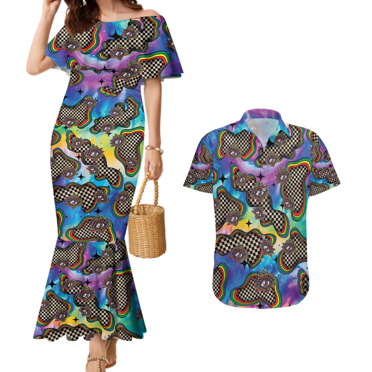 Hippie Couples Matching Mermaid Dress and Hawaiian Shirt Psychedelic Third Eye Art - Wonder Print Shop