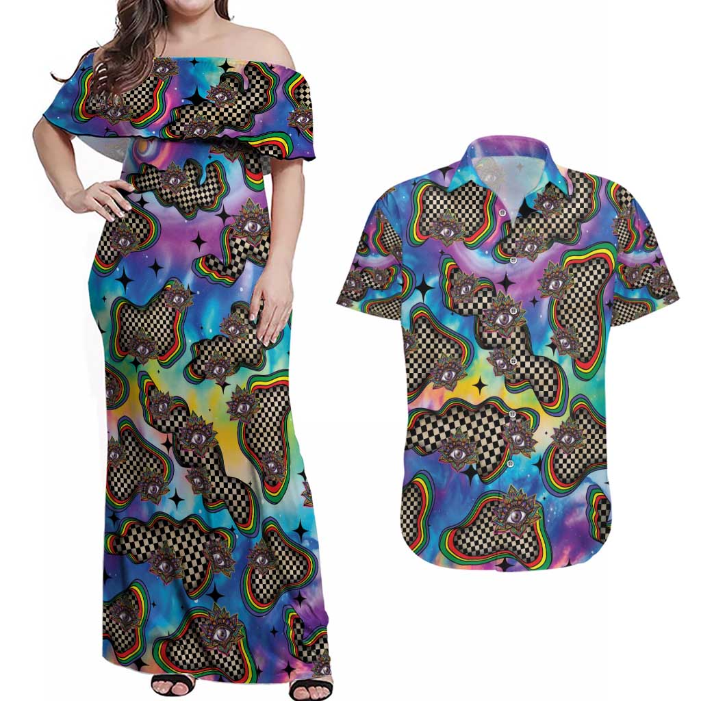 Hippie Couples Matching Off Shoulder Maxi Dress and Hawaiian Shirt Psychedelic Third Eye Art - Wonder Print Shop