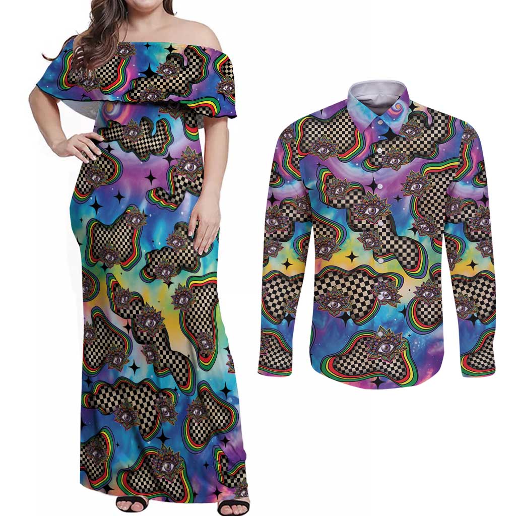 Hippie Couples Matching Off Shoulder Maxi Dress and Long Sleeve Button Shirt Psychedelic Third Eye Art - Wonder Print Shop