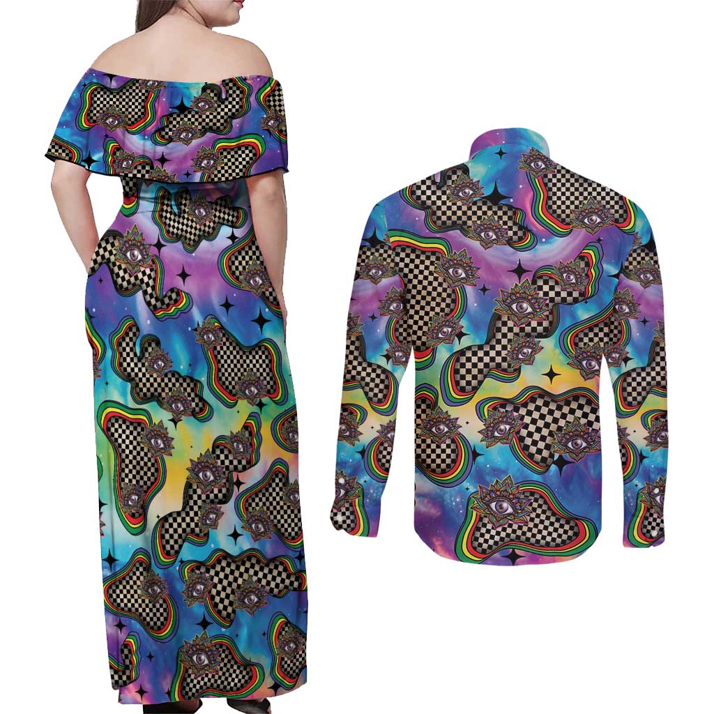 Hippie Couples Matching Off Shoulder Maxi Dress and Long Sleeve Button Shirt Psychedelic Third Eye Art - Wonder Print Shop