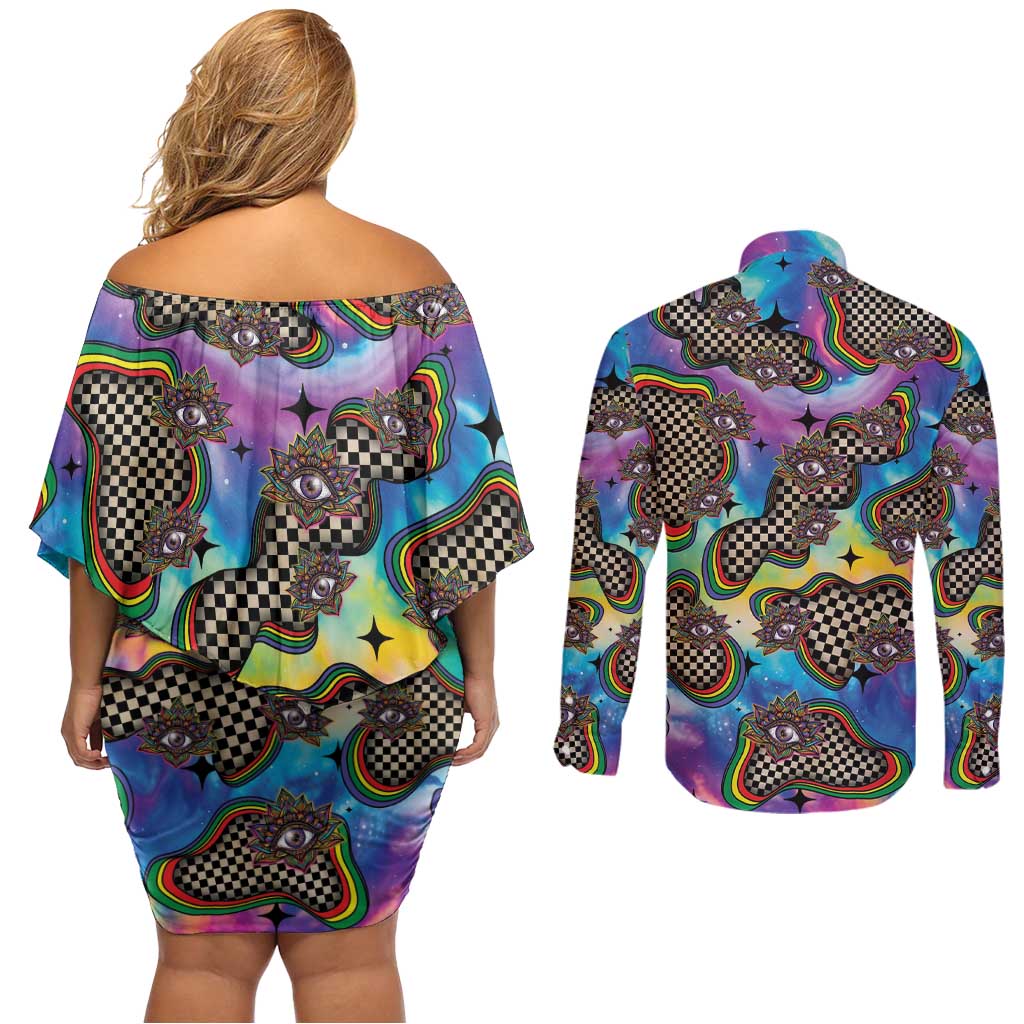 Hippie Couples Matching Off Shoulder Short Dress and Long Sleeve Button Shirt Psychedelic Third Eye Art - Wonder Print Shop