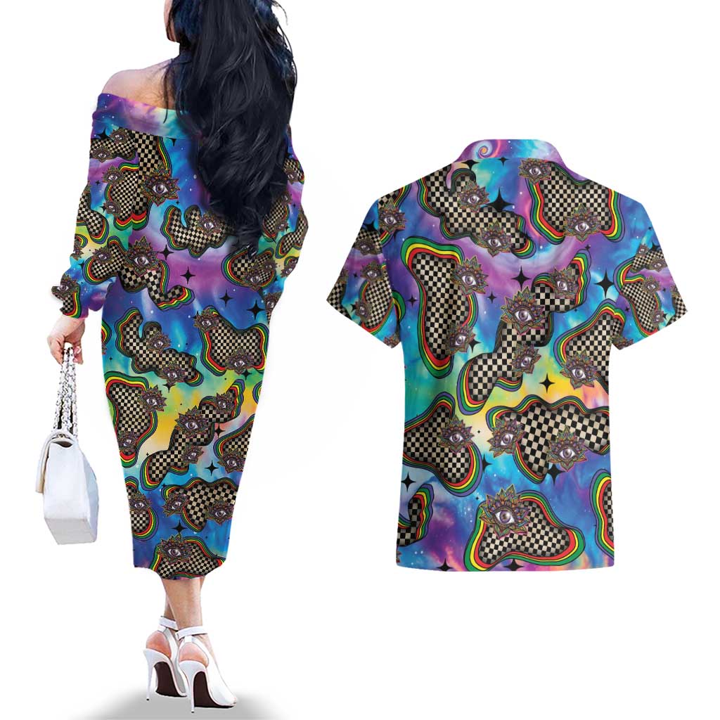 Hippie Couples Matching Off The Shoulder Long Sleeve Dress and Hawaiian Shirt Psychedelic Third Eye Art - Wonder Print Shop