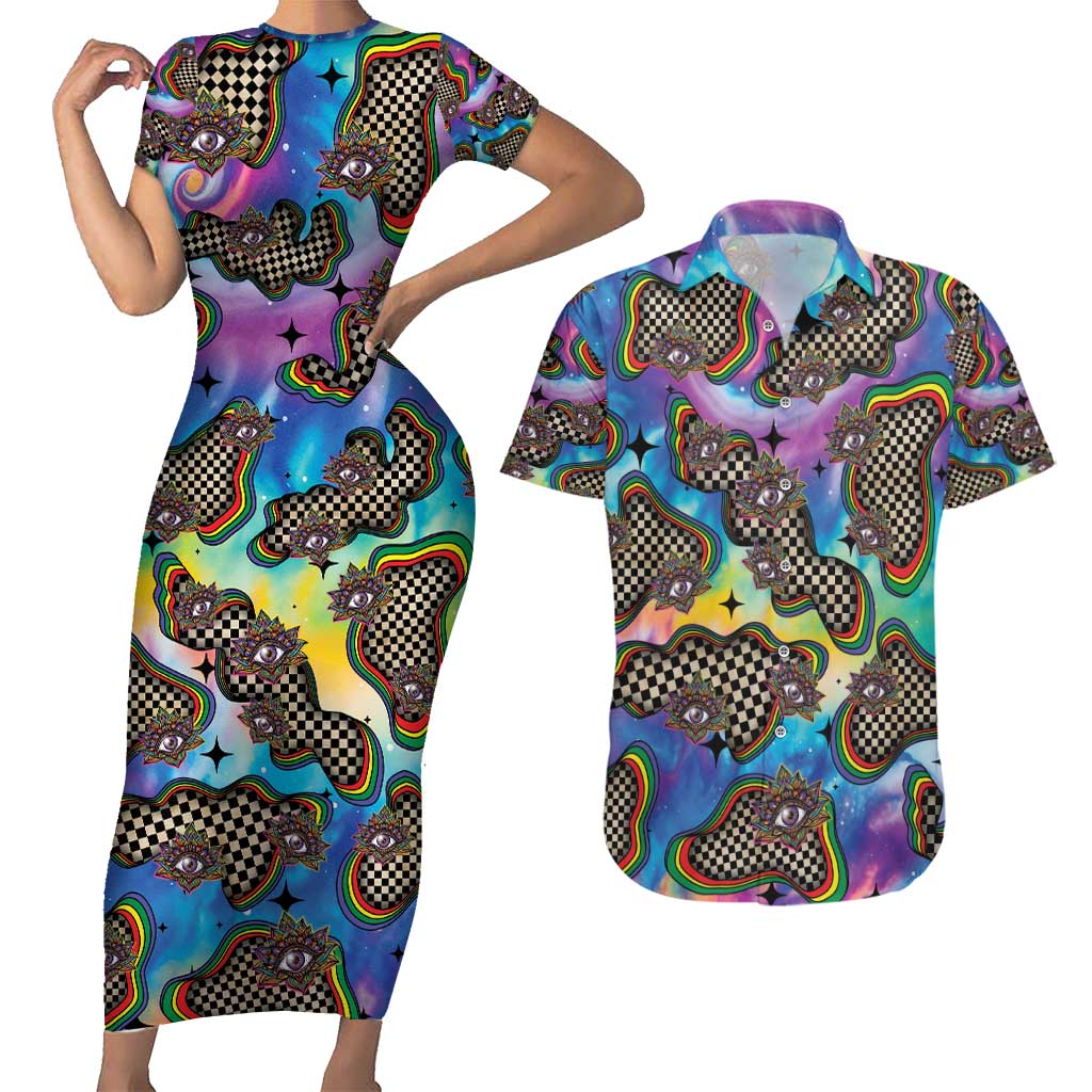 Hippie Couples Matching Short Sleeve Bodycon Dress and Hawaiian Shirt Psychedelic Third Eye Art - Wonder Print Shop