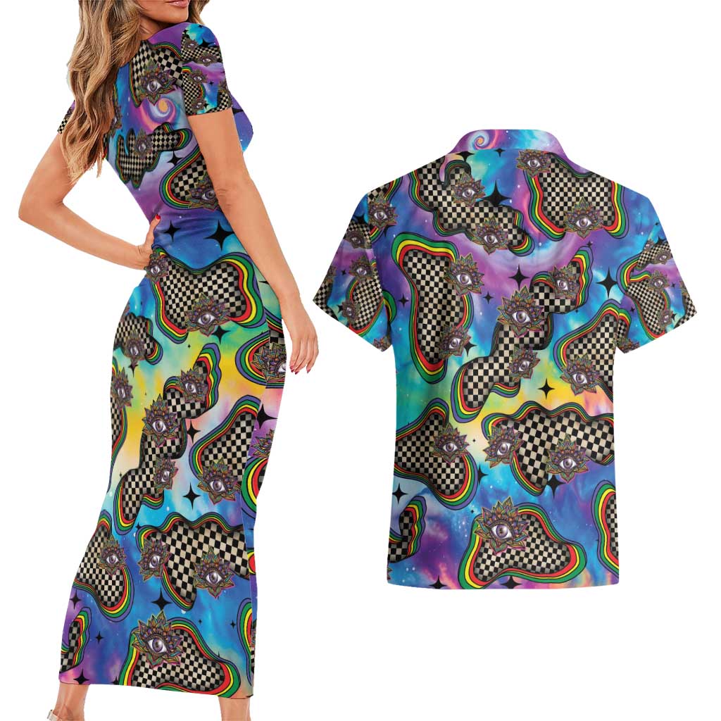 Hippie Couples Matching Short Sleeve Bodycon Dress and Hawaiian Shirt Psychedelic Third Eye Art - Wonder Print Shop