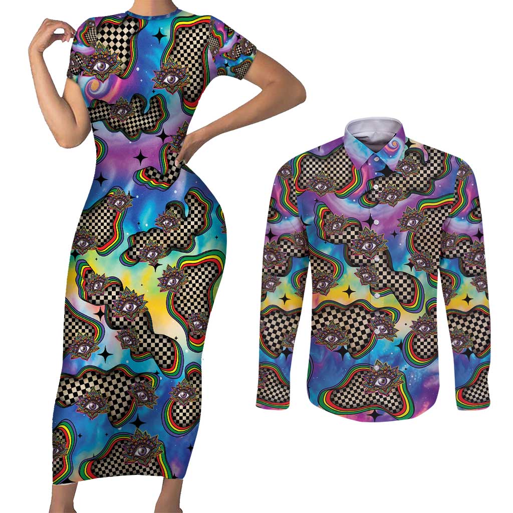 Hippie Couples Matching Short Sleeve Bodycon Dress and Long Sleeve Button Shirt Psychedelic Third Eye Art - Wonder Print Shop