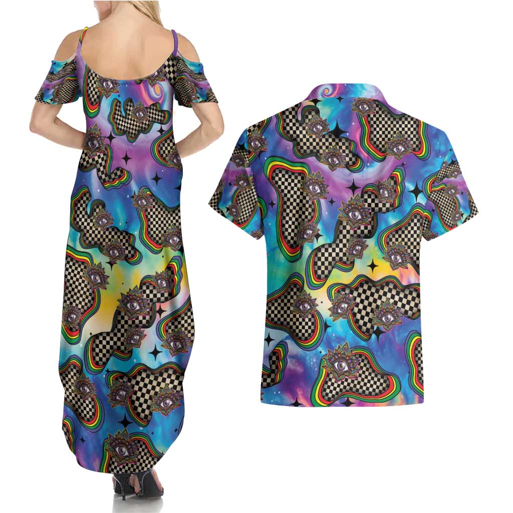 Hippie Couples Matching Summer Maxi Dress and Hawaiian Shirt Psychedelic Third Eye Art - Wonder Print Shop