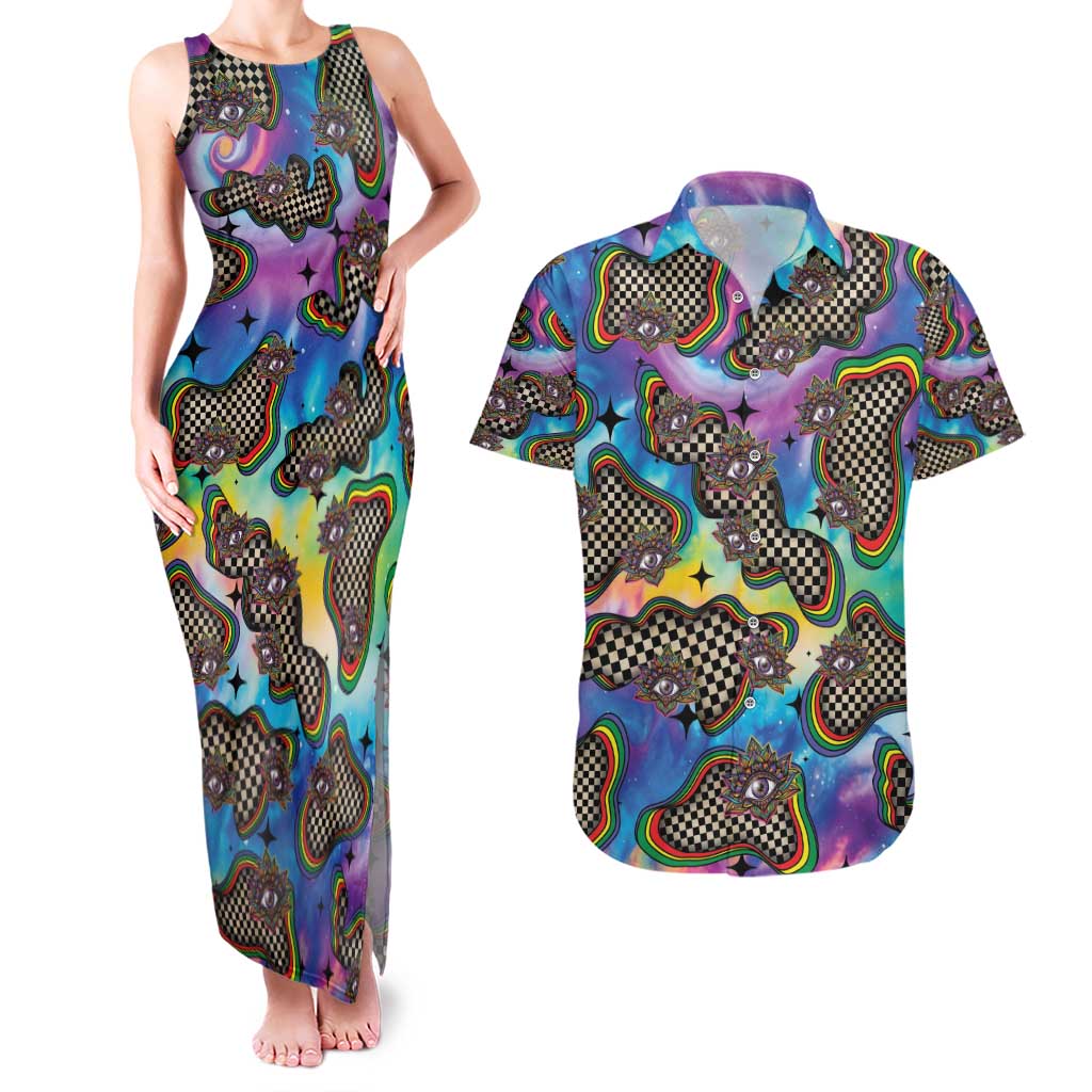 Hippie Couples Matching Tank Maxi Dress and Hawaiian Shirt Psychedelic Third Eye Art - Wonder Print Shop