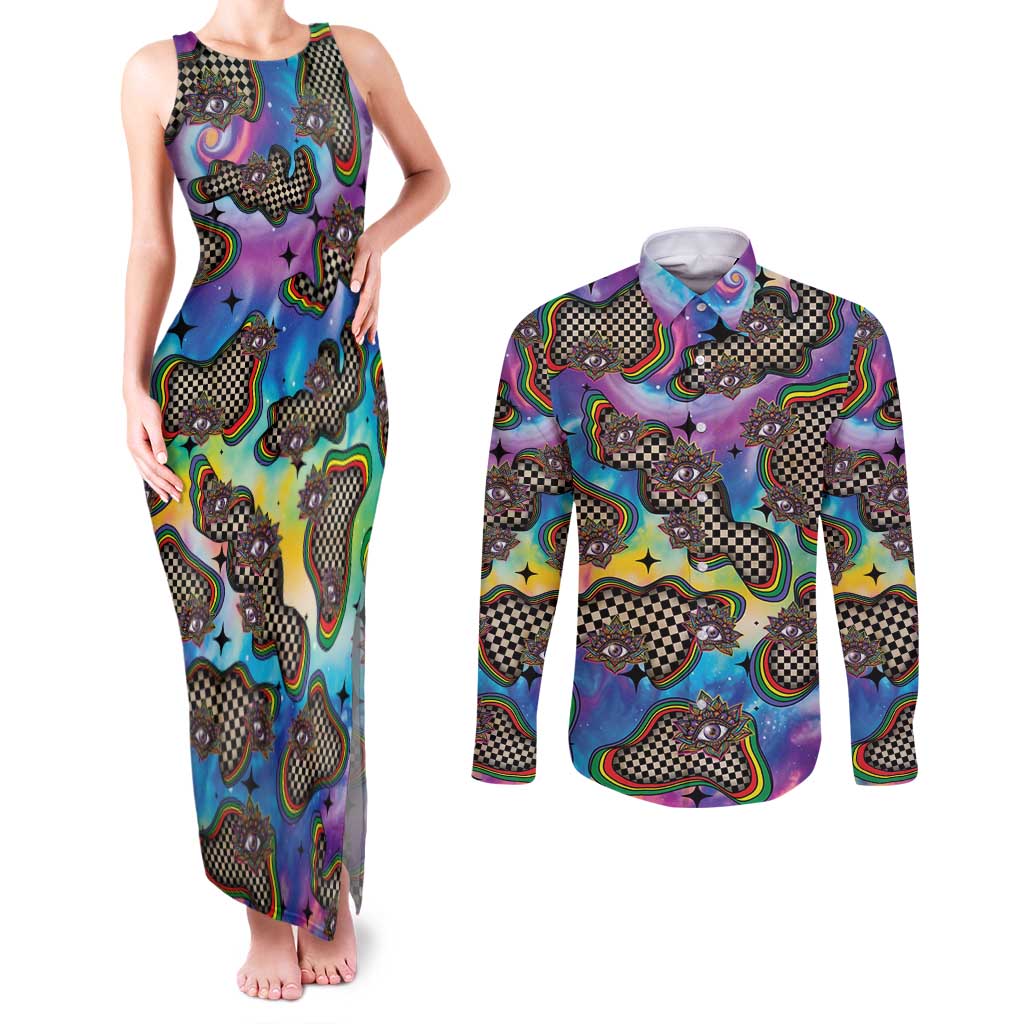 Hippie Couples Matching Tank Maxi Dress and Long Sleeve Button Shirt Psychedelic Third Eye Art - Wonder Print Shop