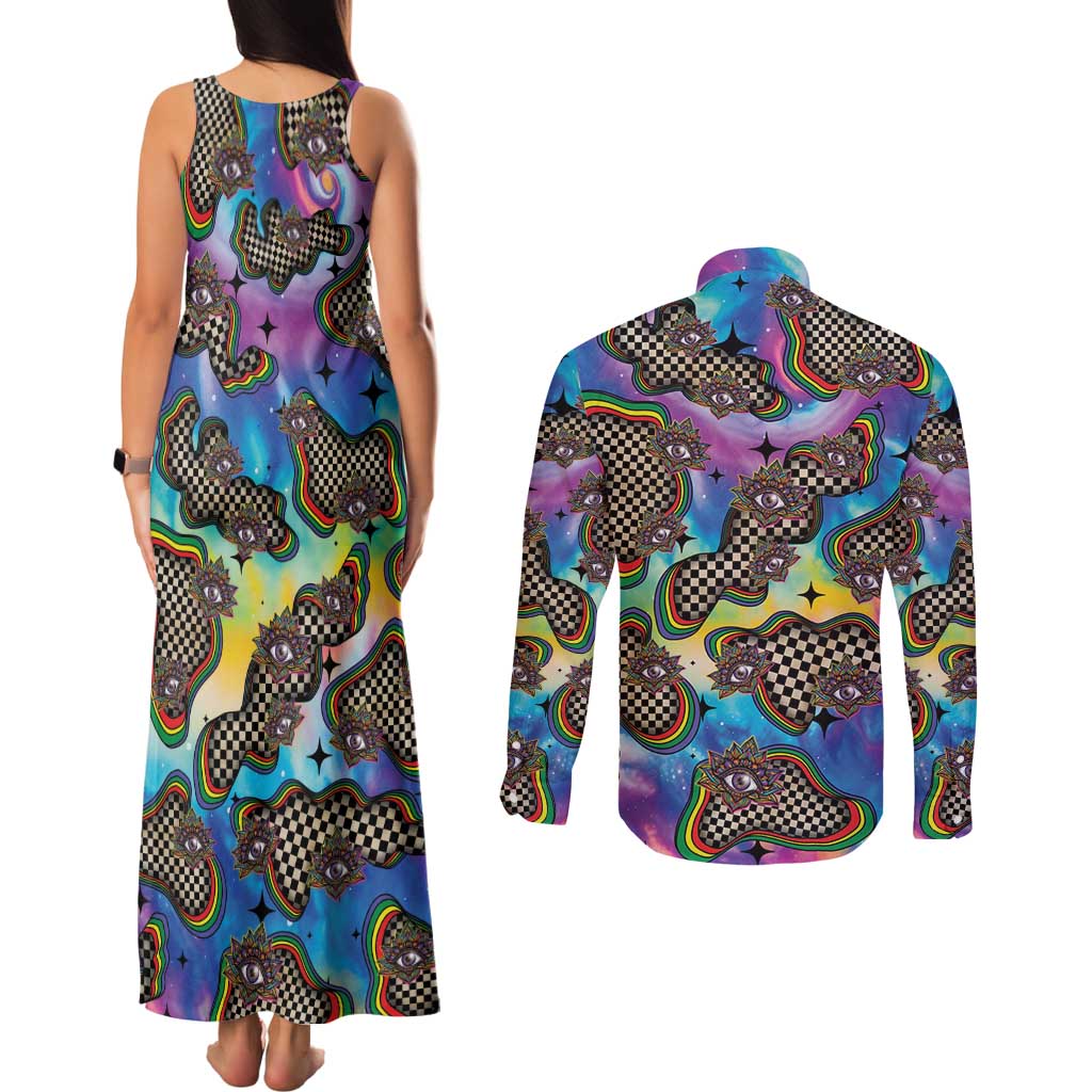 Hippie Couples Matching Tank Maxi Dress and Long Sleeve Button Shirt Psychedelic Third Eye Art - Wonder Print Shop
