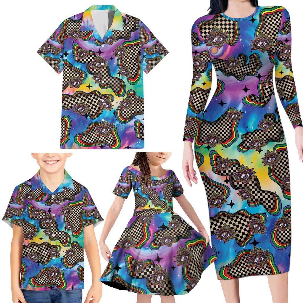Hippie Family Matching Long Sleeve Bodycon Dress and Hawaiian Shirt Psychedelic Third Eye Art - Wonder Print Shop