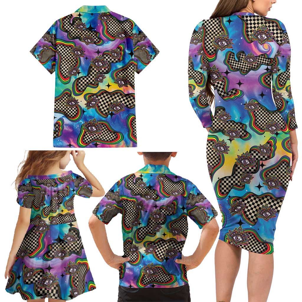 Hippie Family Matching Long Sleeve Bodycon Dress and Hawaiian Shirt Psychedelic Third Eye Art - Wonder Print Shop