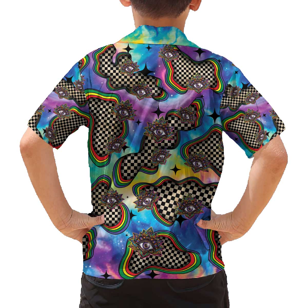 Hippie Family Matching Off The Shoulder Long Sleeve Dress and Hawaiian Shirt Psychedelic Third Eye Art - Wonder Print Shop