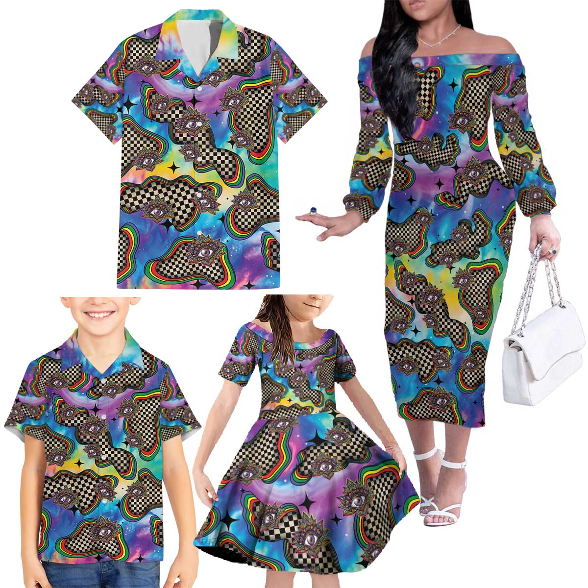 Hippie Family Matching Off The Shoulder Long Sleeve Dress and Hawaiian Shirt Psychedelic Third Eye Art - Wonder Print Shop