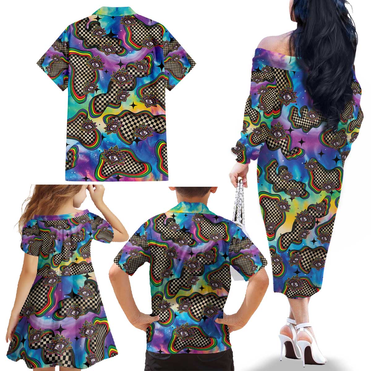 Hippie Family Matching Off The Shoulder Long Sleeve Dress and Hawaiian Shirt Psychedelic Third Eye Art - Wonder Print Shop