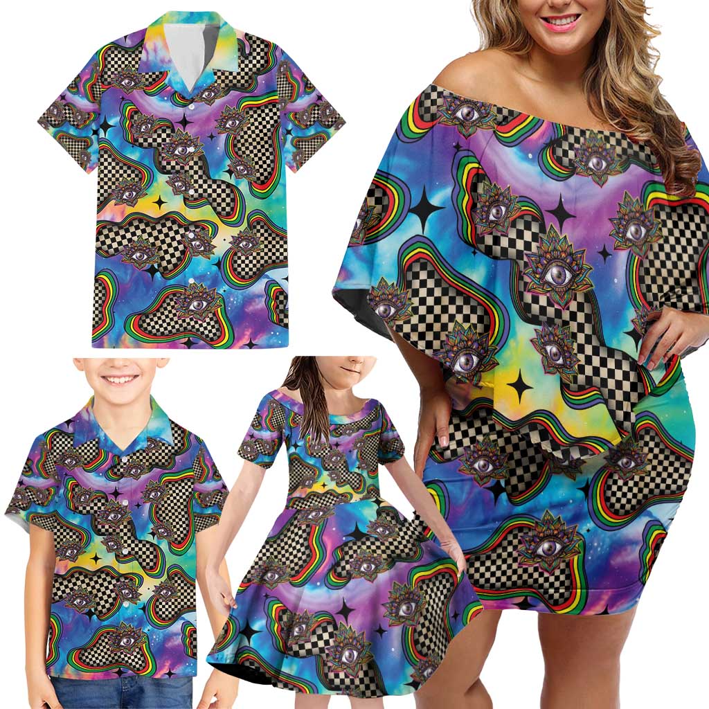 Hippie Family Matching Off Shoulder Short Dress and Hawaiian Shirt Psychedelic Third Eye Art - Wonder Print Shop