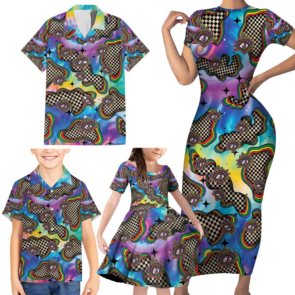 Hippie Family Matching Short Sleeve Bodycon Dress and Hawaiian Shirt Psychedelic Third Eye Art - Wonder Print Shop