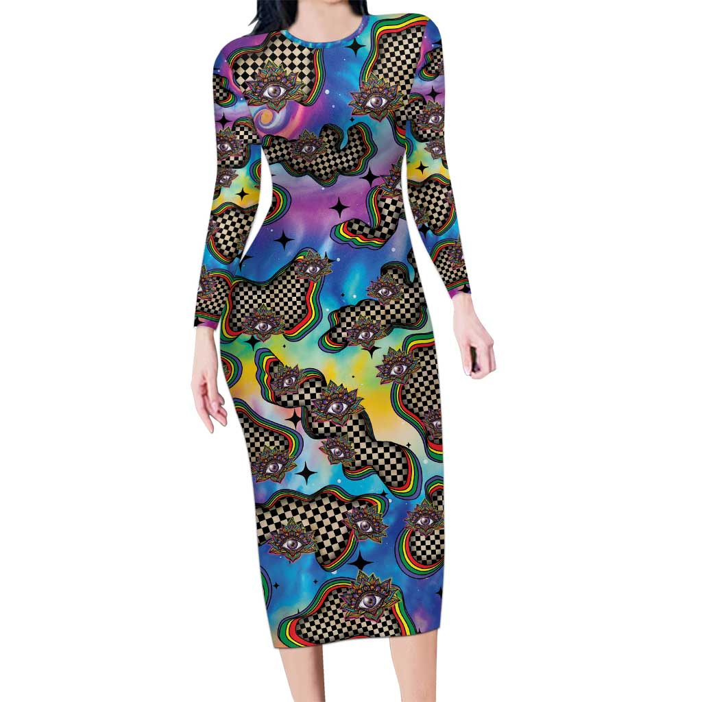 Hippie Long Sleeve Bodycon Dress Psychedelic Third Eye Art - Wonder Print Shop