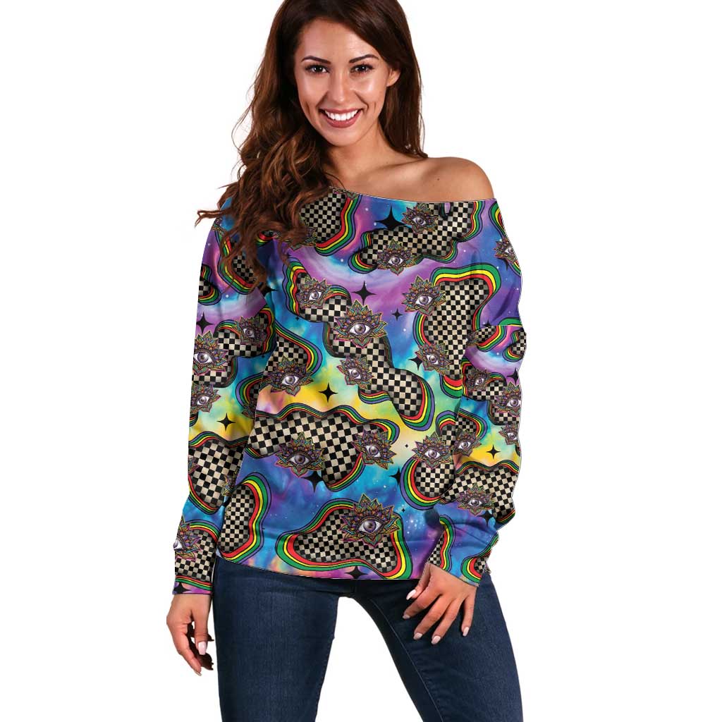 Hippie Off Shoulder Sweater Psychedelic Third Eye Art - Wonder Print Shop