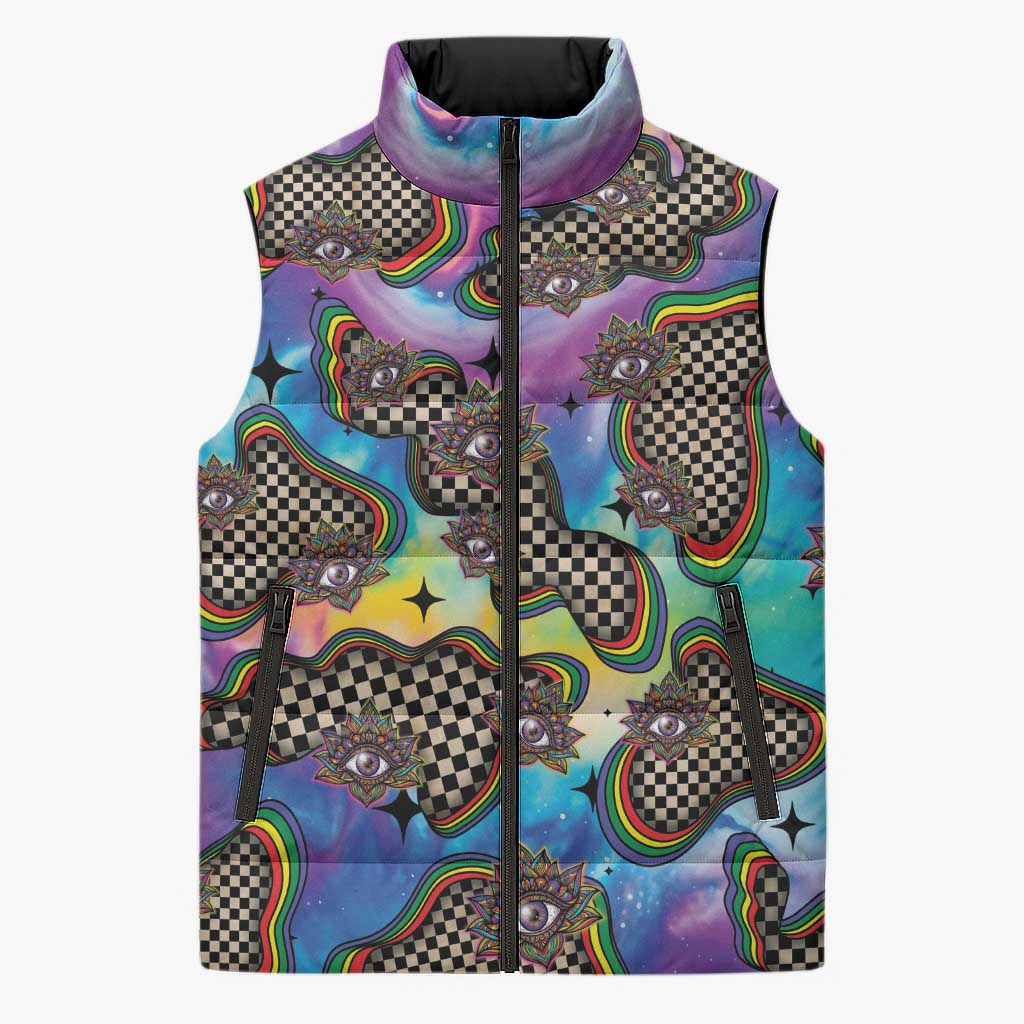 Hippie Sleeveless Puffer Jacket Psychedelic Third Eye Art - Wonder Print Shop