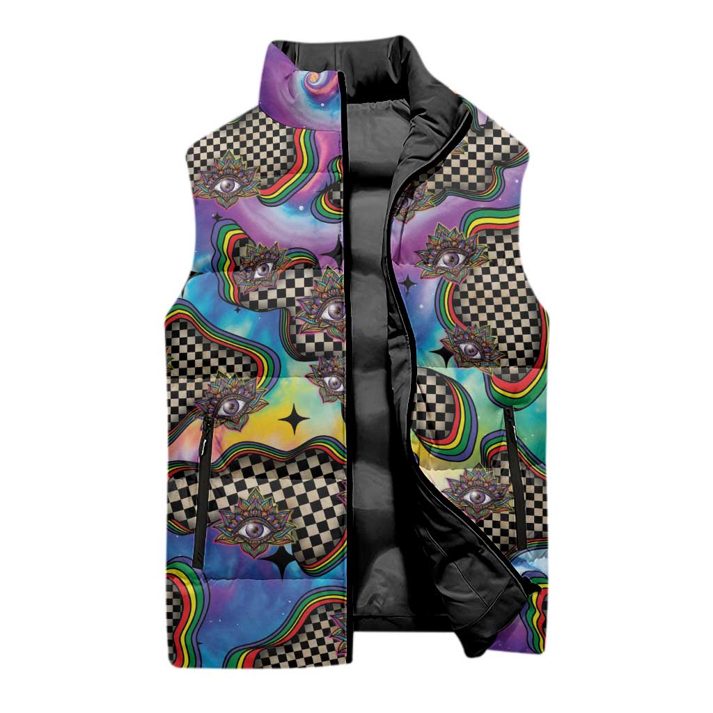 Hippie Sleeveless Puffer Jacket Psychedelic Third Eye Art - Wonder Print Shop