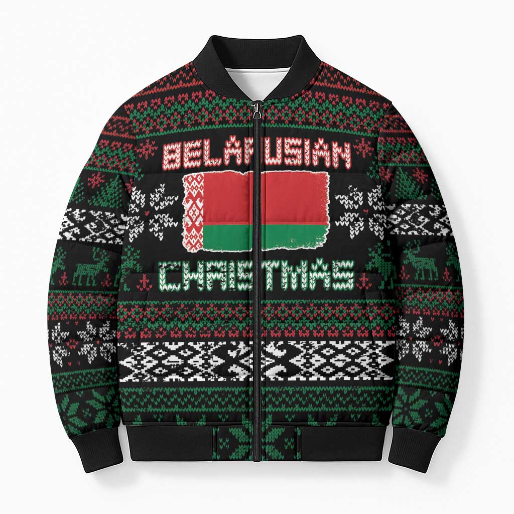 Belarus Christmas Bomber Puffer Jacket Flag With Belarusian Patterns - Wonder Print Shop