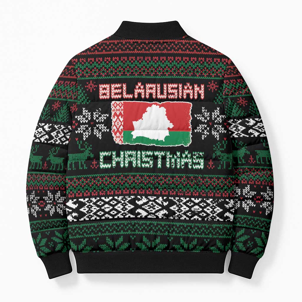 Belarus Christmas Bomber Puffer Jacket Flag With Belarusian Patterns - Wonder Print Shop