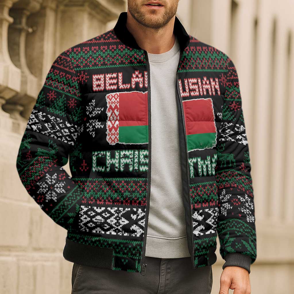 Belarus Christmas Bomber Puffer Jacket Flag With Belarusian Patterns - Wonder Print Shop