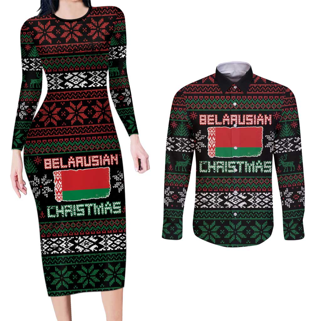 Belarus Christmas Couples Matching Long Sleeve Bodycon Dress and Long Sleeve Button Shirt Flag With Belarusian Patterns - Wonder Print Shop