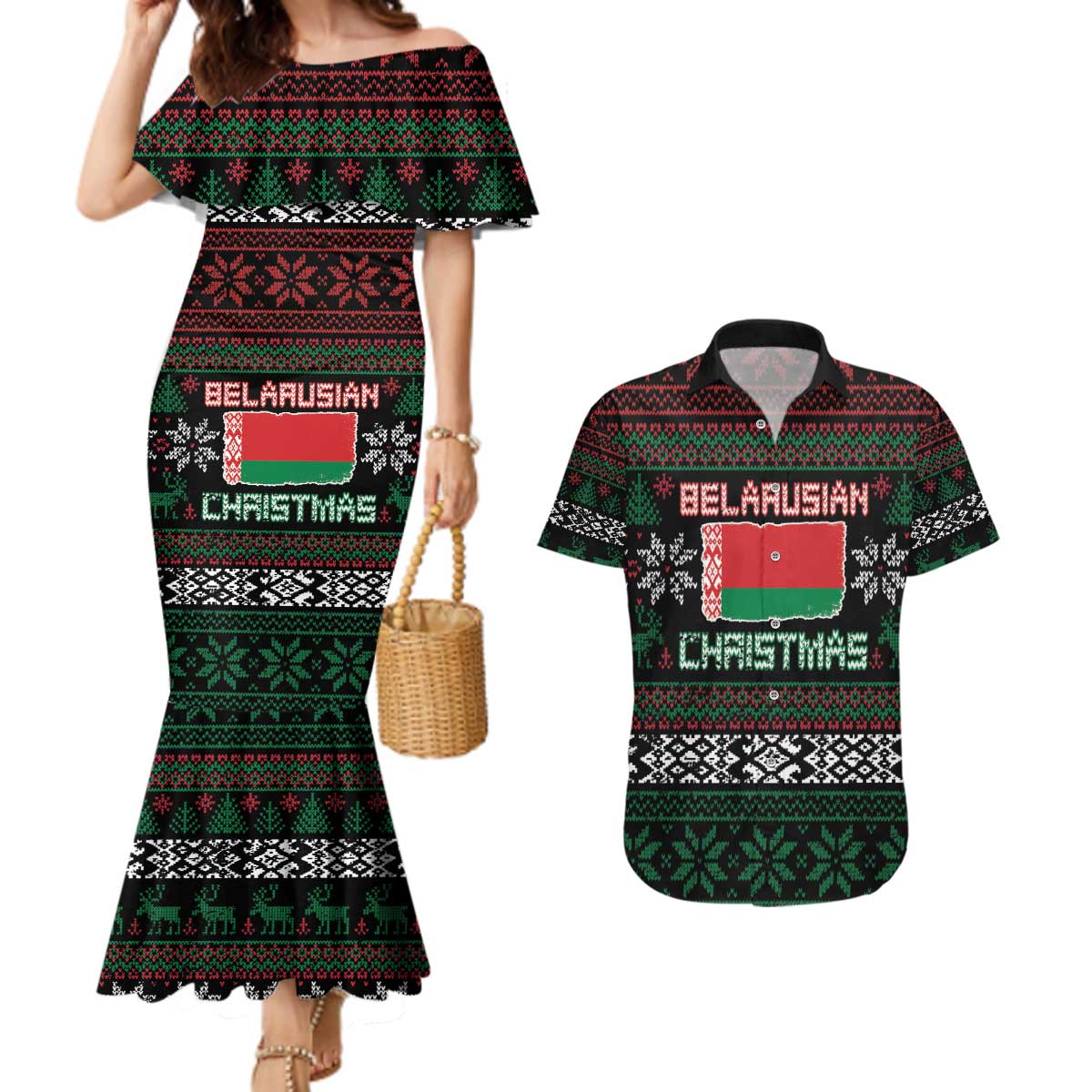 Belarus Christmas Couples Matching Mermaid Dress and Hawaiian Shirt Flag With Belarusian Patterns - Wonder Print Shop