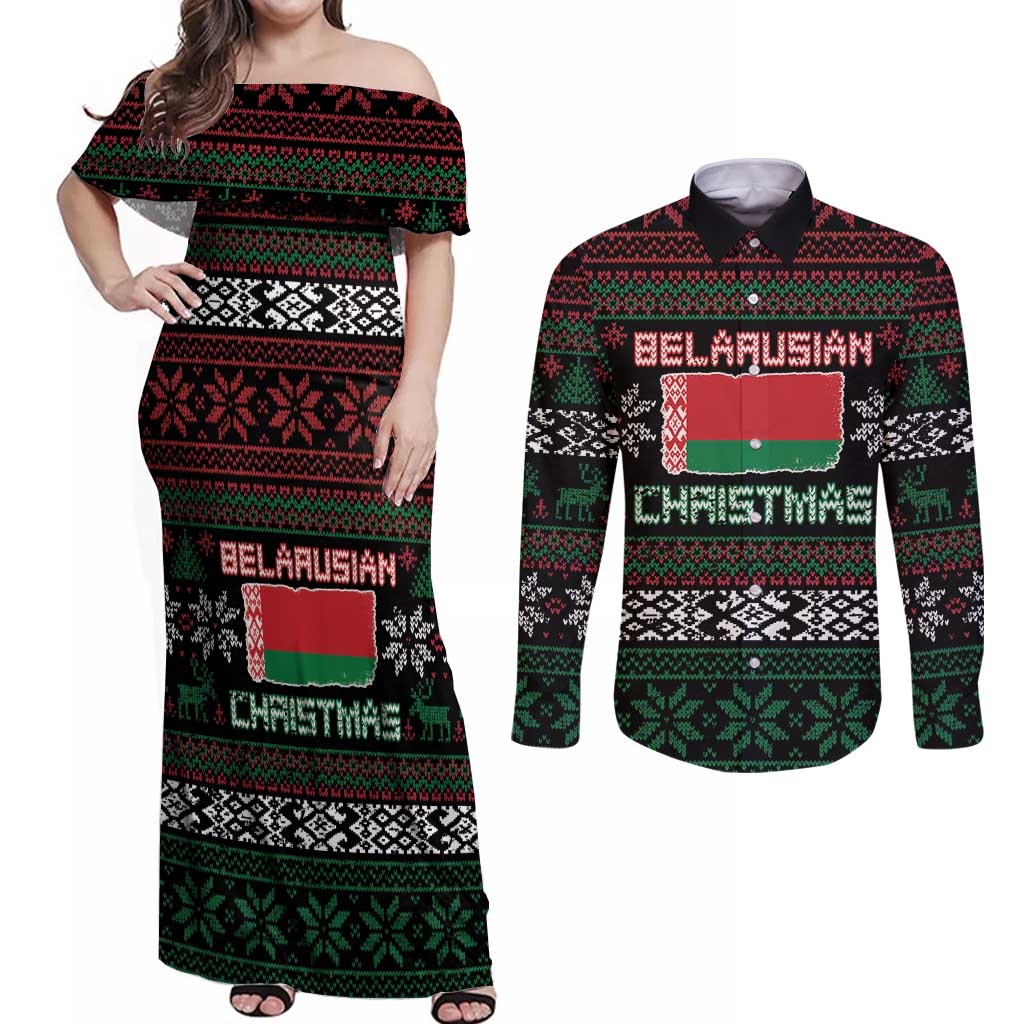 Belarus Christmas Couples Matching Off Shoulder Maxi Dress and Long Sleeve Button Shirt Flag With Belarusian Patterns - Wonder Print Shop