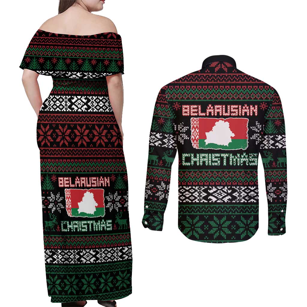 Belarus Christmas Couples Matching Off Shoulder Maxi Dress and Long Sleeve Button Shirt Flag With Belarusian Patterns - Wonder Print Shop