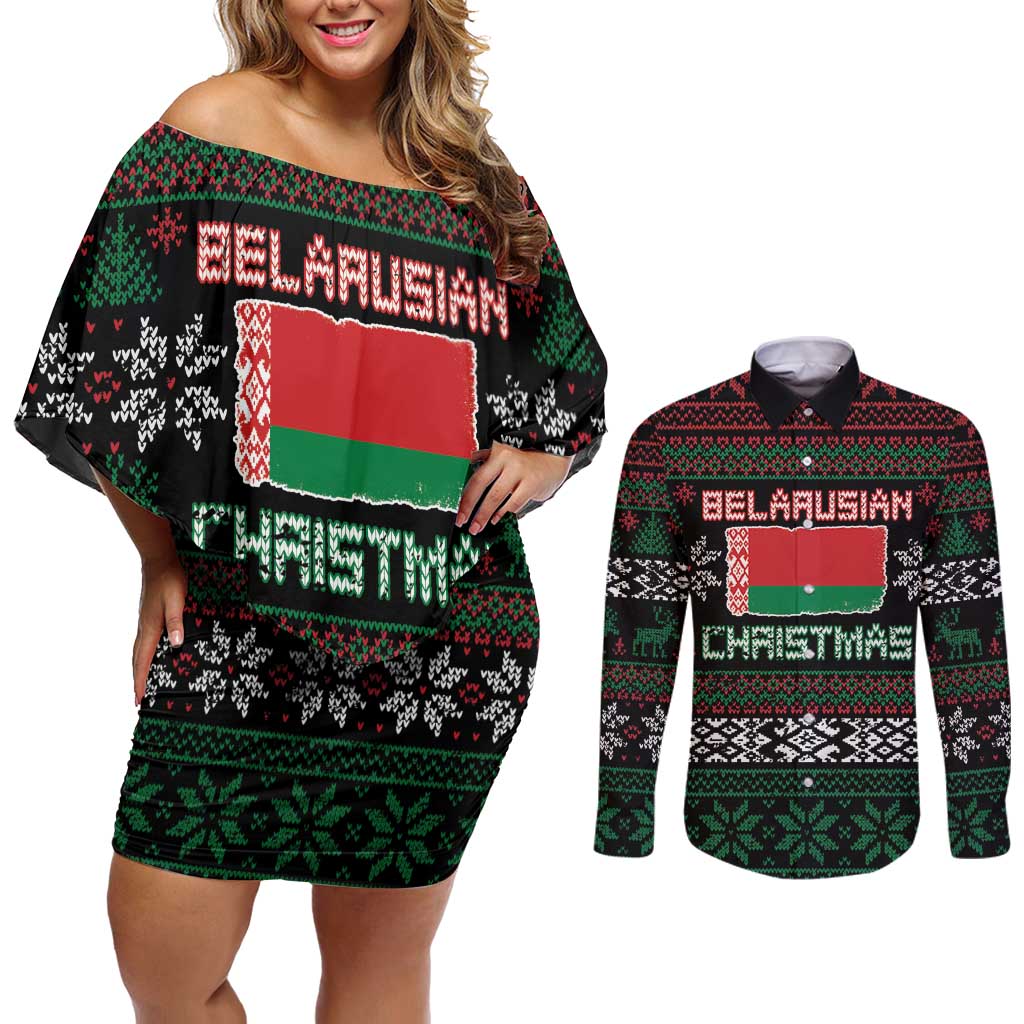 Belarus Christmas Couples Matching Off Shoulder Short Dress and Long Sleeve Button Shirt Flag With Belarusian Patterns - Wonder Print Shop