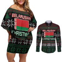 Belarus Christmas Couples Matching Off Shoulder Short Dress and Long Sleeve Button Shirt Flag With Belarusian Patterns - Wonder Print Shop