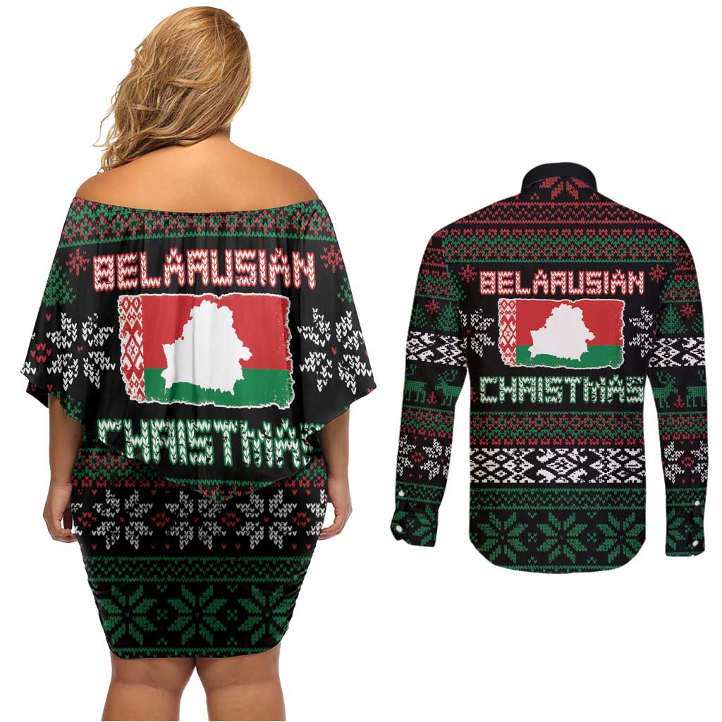 Belarus Christmas Couples Matching Off Shoulder Short Dress and Long Sleeve Button Shirt Flag With Belarusian Patterns - Wonder Print Shop