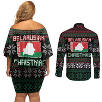 Belarus Christmas Couples Matching Off Shoulder Short Dress and Long Sleeve Button Shirt Flag With Belarusian Patterns - Wonder Print Shop