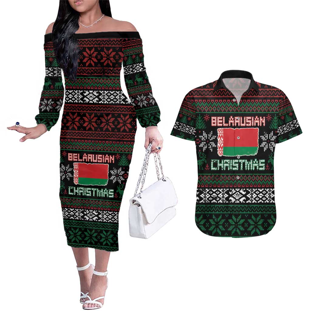 Belarus Christmas Couples Matching Off The Shoulder Long Sleeve Dress and Hawaiian Shirt Flag With Belarusian Patterns - Wonder Print Shop