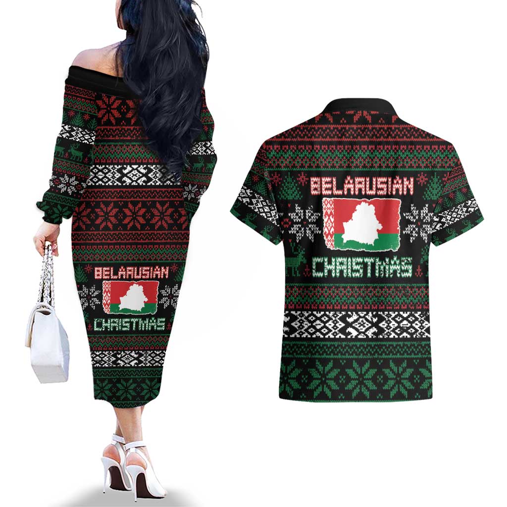 Belarus Christmas Couples Matching Off The Shoulder Long Sleeve Dress and Hawaiian Shirt Flag With Belarusian Patterns - Wonder Print Shop