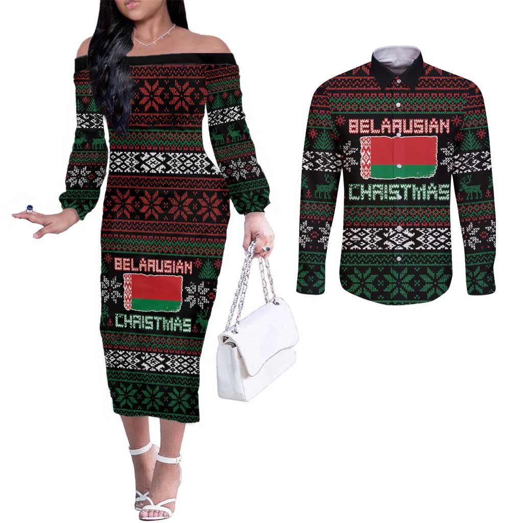 Belarus Christmas Couples Matching Off The Shoulder Long Sleeve Dress and Long Sleeve Button Shirt Flag With Belarusian Patterns - Wonder Print Shop