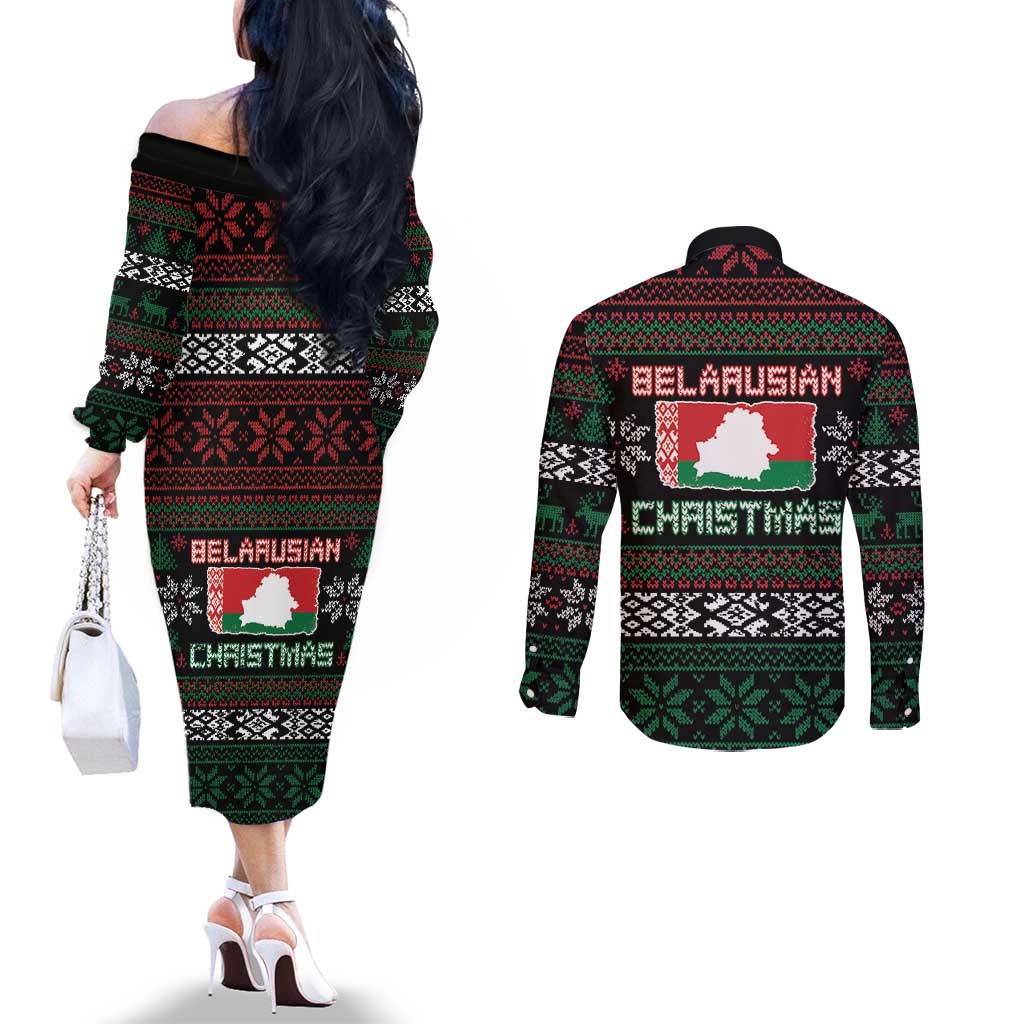 Belarus Christmas Couples Matching Off The Shoulder Long Sleeve Dress and Long Sleeve Button Shirt Flag With Belarusian Patterns - Wonder Print Shop