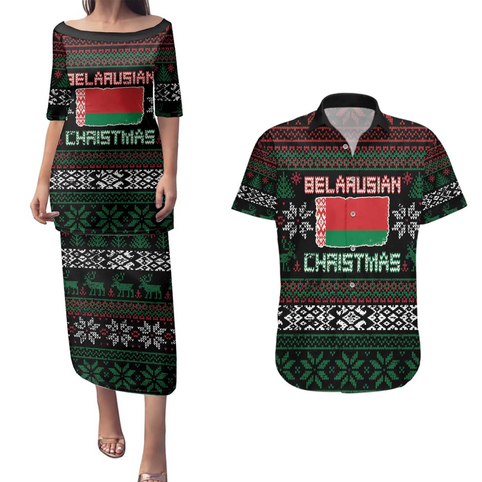 Belarus Christmas Couples Matching Puletasi and Hawaiian Shirt Flag With Belarusian Patterns - Wonder Print Shop