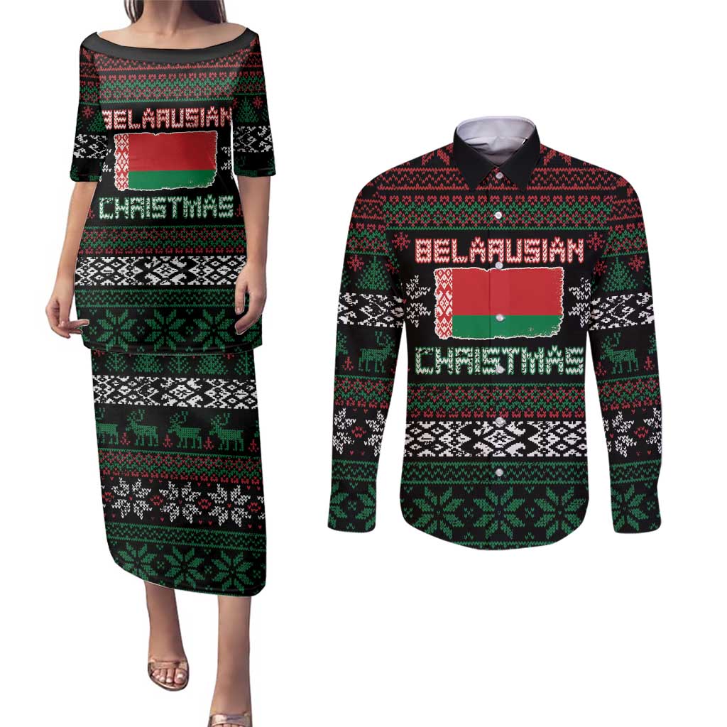 Belarus Christmas Couples Matching Puletasi and Long Sleeve Button Shirt Flag With Belarusian Patterns - Wonder Print Shop