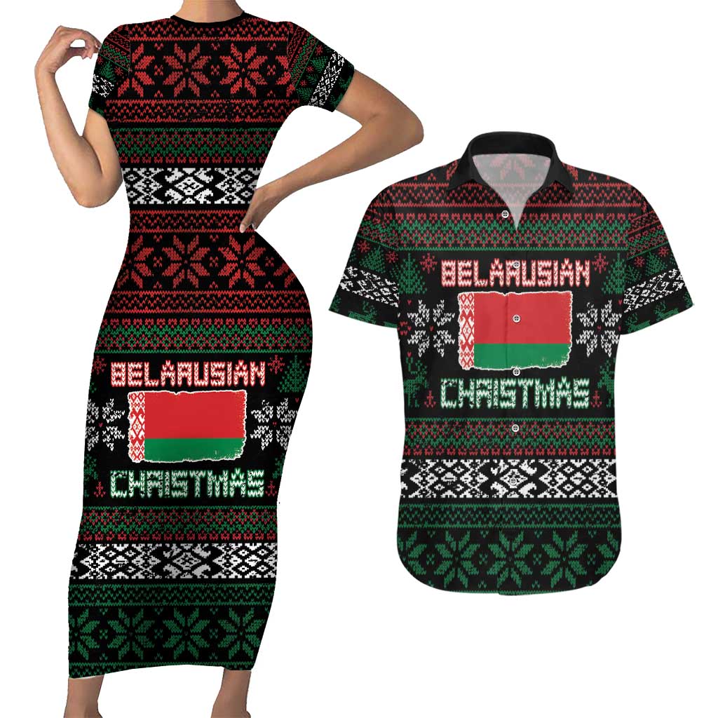 Belarus Christmas Couples Matching Short Sleeve Bodycon Dress and Hawaiian Shirt Flag With Belarusian Patterns - Wonder Print Shop