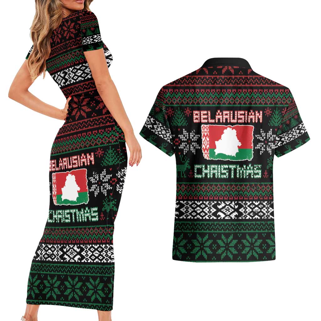 Belarus Christmas Couples Matching Short Sleeve Bodycon Dress and Hawaiian Shirt Flag With Belarusian Patterns - Wonder Print Shop