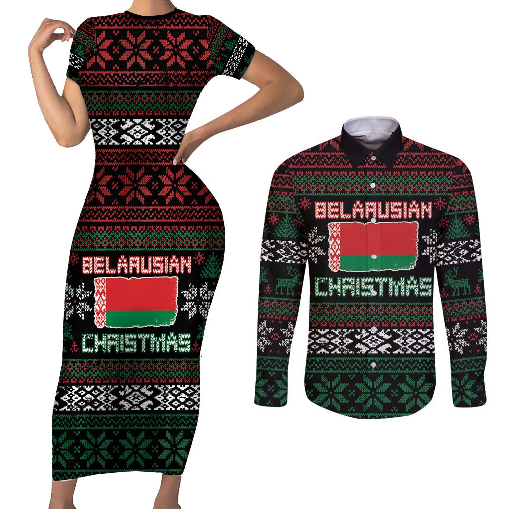 Belarus Christmas Couples Matching Short Sleeve Bodycon Dress and Long Sleeve Button Shirt Flag With Belarusian Patterns - Wonder Print Shop