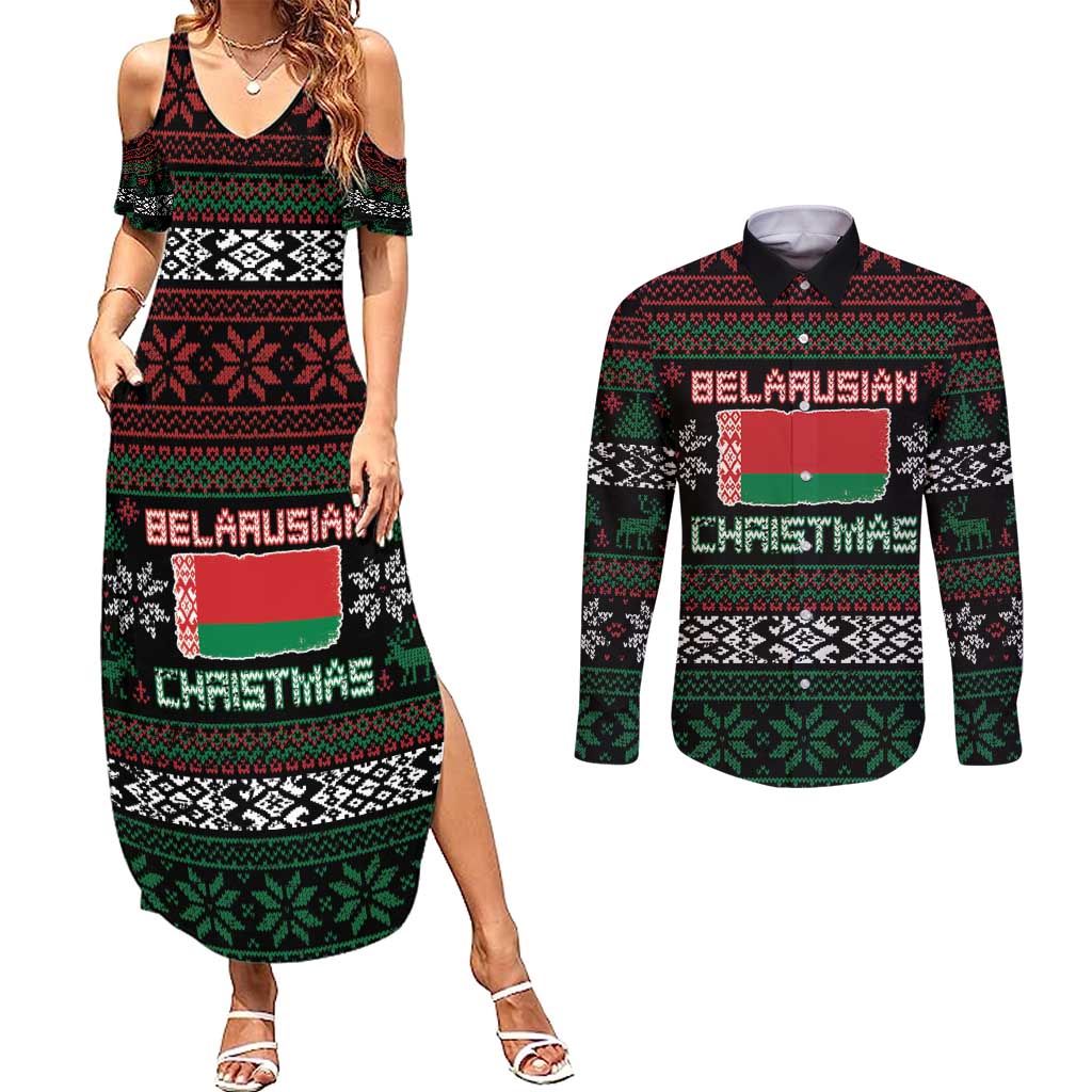 Belarus Christmas Couples Matching Summer Maxi Dress and Long Sleeve Button Shirt Flag With Belarusian Patterns - Wonder Print Shop
