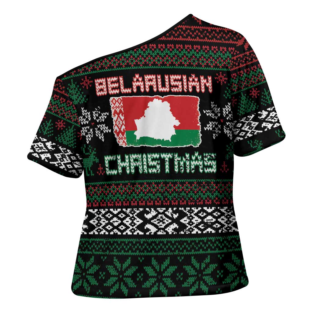 Belarus Christmas Cross Shoulder Shirt Flag With Belarusian Patterns - Wonder Print Shop