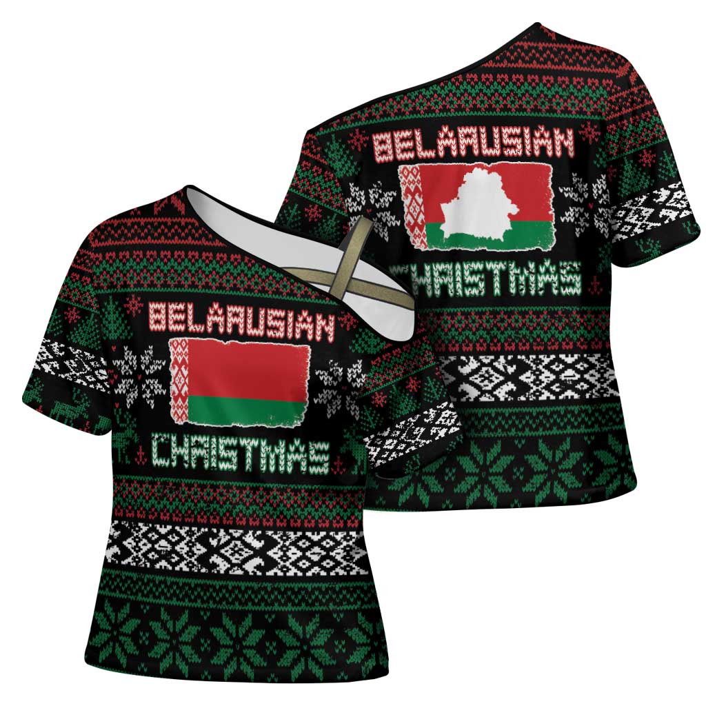 Belarus Christmas Cross Shoulder Shirt Flag With Belarusian Patterns - Wonder Print Shop