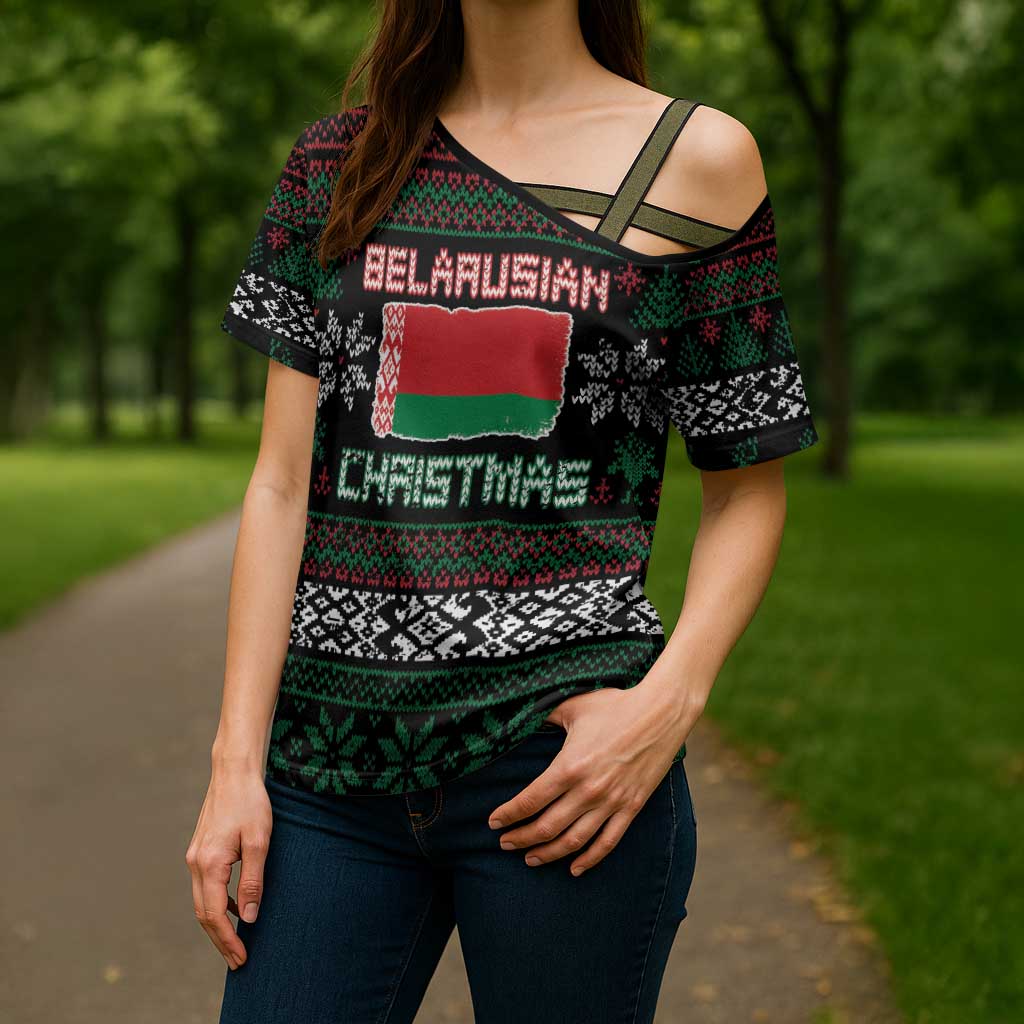 Belarus Christmas Cross Shoulder Shirt Flag With Belarusian Patterns - Wonder Print Shop