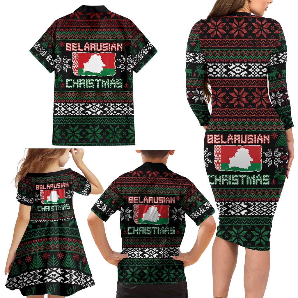 Belarus Christmas Family Matching Long Sleeve Bodycon Dress and Hawaiian Shirt Flag With Belarusian Patterns - Wonder Print Shop